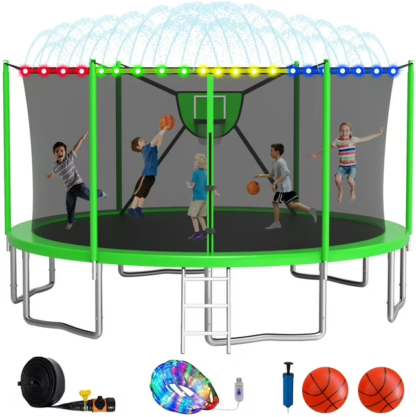 Elitezip 2024 Upgrade 1500LBS Outdoor Trampoline for Kids and Adults 【Easy to Install & Built to Last】 10FT 12FT 14FT 16FT Recreational Trampolines with Net, Light, Sprinkler, Basketball Hoop, Ladder