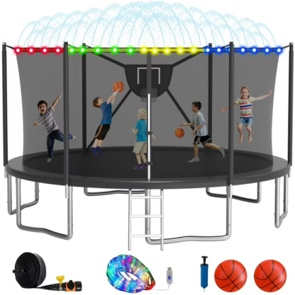 Elitezip 2024 Upgrade 1500LBS Outdoor Trampoline for Kids and Adults 【Easy to Install & Built to Last】 10FT 12FT 14FT 16FT Recreational Trampolines with Net, Light, Sprinkler, Basketball Hoop, Ladder