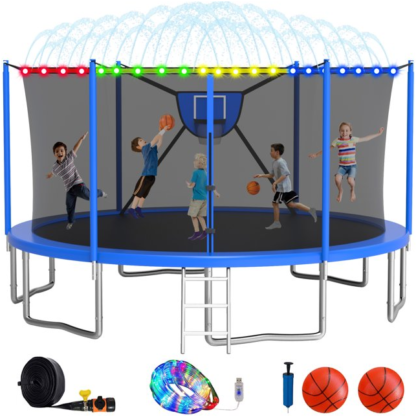 Elitezip 2024 Upgrade 1500LBS Outdoor Trampoline for Kids and Adults 【Easy to Install & Built to Last】 10FT 12FT 14FT 16FT Recreational Trampolines with Net, Light, Sprinkler, Basketball Hoop, Ladder