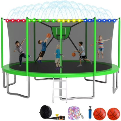Elitezip 2024 Upgrade 1500LBS Outdoor Trampoline for Kids and Adults 【Easy to Install & Built to Last】 10FT 12FT 14FT 16FT Recreational Trampolines with Net, Light, Sprinkler, Basketball Hoop, Ladder