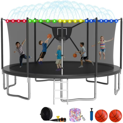Elitezip 2024 Upgrade 1500LBS Outdoor Trampoline for Kids and Adults 【Easy to Install & Built to Last】 10FT 12FT 14FT 16FT Recreational Trampolines with Net, Light, Sprinkler, Basketball Hoop, Ladder