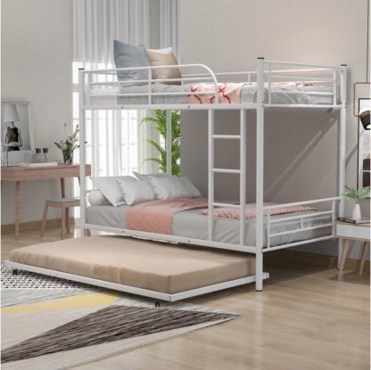 Elitezip Metal Bunk Bed with Trundle, Convertible Into 2 Individual Beds, Twin Over Twin Bunk Bed with Ladder and Safety Guardrails, Space-Saving Bunk Beds for Kids, Teens, Adults, Dorm, Noise Free