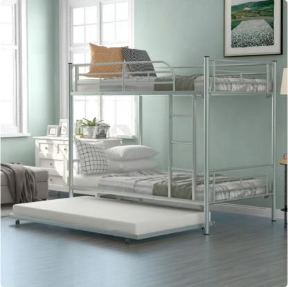 Elitezip Metal Bunk Bed with Trundle, Convertible Into 2 Individual Beds, Twin Over Twin Bunk Bed with Ladder and Safety Guardrails, Space-Saving Bunk Beds for Kids, Teens, Adults, Dorm, Noise Free