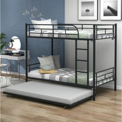 Elitezip Metal Bunk Bed with Trundle, Convertible Into 2 Individual Beds, Twin Over Twin Bunk Bed with Ladder and Safety Guardrails, Space-Saving Bunk Beds for Kids, Teens, Adults, Dorm, Noise Free