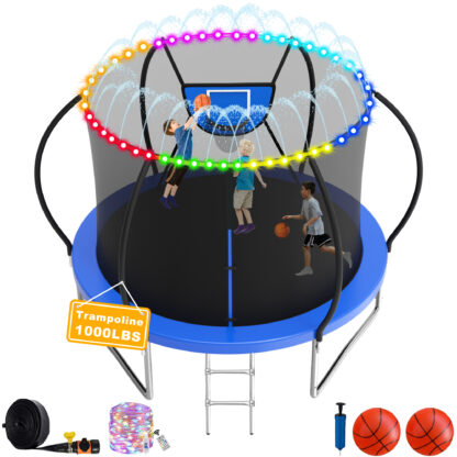 Elitezip 1500LBS Trampoline for Adults and Kids, 10 12 14 16FT Trampoline with Enclosure Net, Basketball Hoop, Light, Sprinkler, 2 Balls and Ladder, No Gap Design Backyard Trampoline, Easy to Install