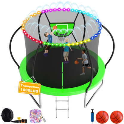 Elitezip 1500LBS Trampoline for Adults and Kids, 10 12 14 16FT Trampoline with Enclosure Net, Basketball Hoop, Light, Sprinkler, 2 Balls and Ladder, No Gap Design Backyard Trampoline, Easy to Install