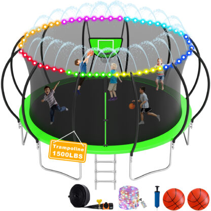 Elitezip 1500LBS Trampoline for Adults and Kids, 10 12 14 16FT Trampoline with Enclosure Net, Basketball Hoop, Light, Sprinkler, 2 Balls and Ladder, No Gap Design Backyard Trampoline, Easy to Install