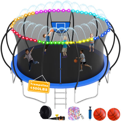 Elitezip 1500LBS Trampoline for Adults and Kids, 10 12 14 16FT Trampoline with Enclosure Net, Basketball Hoop, Light, Sprinkler, 2 Balls and Ladder, No Gap Design Backyard Trampoline, Easy to Install