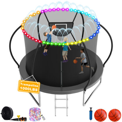 Elitezip 1500LBS Trampoline for Adults and Kids, 10 12 14 16FT Trampoline with Enclosure Net, Basketball Hoop, Light, Sprinkler, 2 Balls and Ladder, No Gap Design Backyard Trampoline, Easy to Install