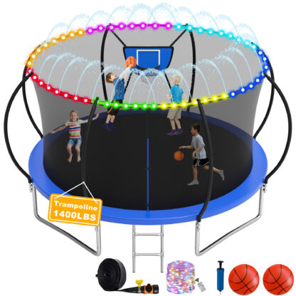 Elitezip 1500LBS Trampoline for Adults and Kids, 10 12 14 16FT Trampoline with Enclosure Net, Basketball Hoop, Light, Sprinkler, 2 Balls and Ladder, No Gap Design Backyard Trampoline, Easy to Install