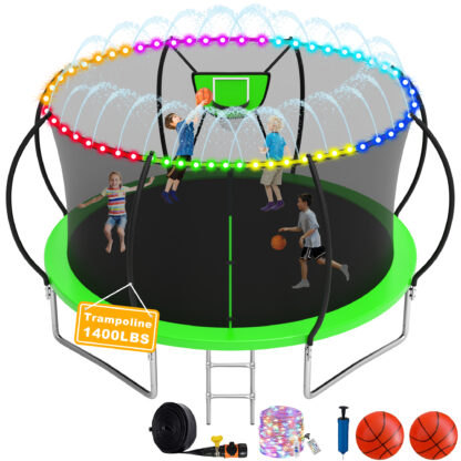 Elitezip 1500LBS Trampoline for Adults and Kids, 10 12 14 16FT Trampoline with Enclosure Net, Basketball Hoop, Light, Sprinkler, 2 Balls and Ladder, No Gap Design Backyard Trampoline, Easy to Install