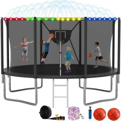 Elitezip Trampoline, 1400LBS 14FT Trampoline for Kids Adults, Trampoline with Safety Enclosure Net, Basketball Hoop, LED Light, Sprinkler and Ladder, Outdoor Backyard Trampoline, Easy to Install