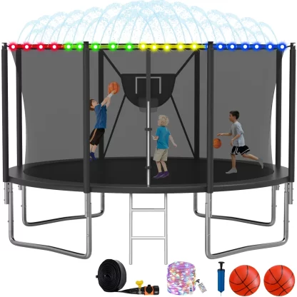 Elitezip Trampoline, 1200LBS 12FT Trampoline for Kids Adults, Trampoline with Safety Enclosure Net, Basketball Hoop, LED Light, Sprinkler and Ladder, Outdoor Backyard Trampoline, Easy to Install