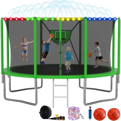 Elitezip Trampoline, 1400LBS 14FT Trampoline for Kids Adults, Trampoline with Safety Enclosure Net, Basketball Hoop, LED Light, Sprinkler and Ladder, Outdoor Backyard Trampoline, Easy to Install