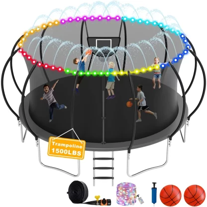 Elitezip 1400LBS Trampoline Outdoor 12 14FT Trampoline for Kids and Adults, Easy to Install & Built to Last, Recreational Trampolines with Enclosure Net, Light, Sprinkler, 2 Balls, Basketball Hoop