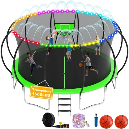 Elitezip 1400LBS Trampoline Outdoor 12 14FT Trampoline for Kids and Adults, Easy to Install & Built to Last, Recreational Trampolines with Enclosure Net, Light, Sprinkler, 2 Balls, Basketball Hoop
