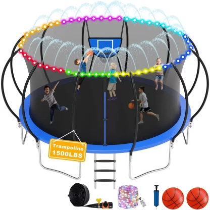 Elitezip 1400LBS Trampoline Outdoor 12 14FT Trampoline for Kids and Adults, Easy to Install & Built to Last, Recreational Trampolines with Enclosure Net, Light, Sprinkler, 2 Balls, Basketball Hoop