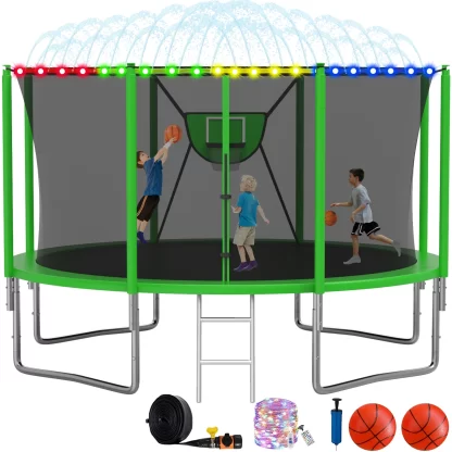 Elitezip Trampoline, 1200LBS 12FT Trampoline for Kids Adults, Trampoline with Safety Enclosure Net, Basketball Hoop, LED Light, Sprinkler and Ladder, Outdoor Backyard Trampoline, Easy to Install