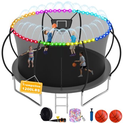 Elitezip 1500LBS Trampoline for Adults and Kids, 10 12 14 16FT Trampoline with Enclosure Net, Basketball Hoop, Light, Sprinkler, 2 Balls and Ladder, No Gap Design Backyard Trampoline, Easy to Install