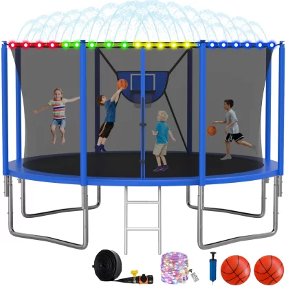 Elitezip Trampoline, 1400LBS 14FT Trampoline for Kids Adults, Trampoline with Safety Enclosure Net, Basketball Hoop, LED Light, Sprinkler and Ladder, Outdoor Backyard Trampoline, Easy to Install