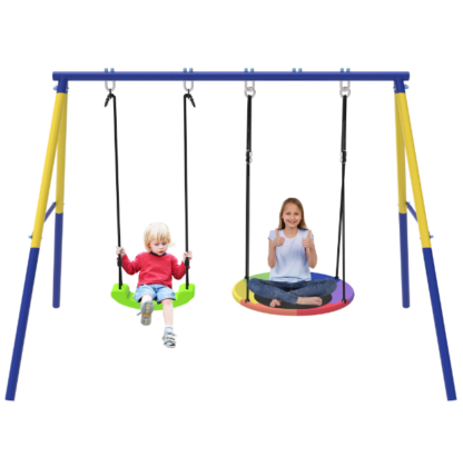 Elitezip Swing Set with 1 Saucer and 1 Belt Swing Seat, 297lbs Swing Set for Kids with Heavy Duty A-Frame and and Adjustable Ropes, Metal Swing Sets for Backyard, Playground and Park, Easy Assembly