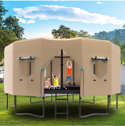 Elitezip Trampoline Tent, 16FT Trampoline Tent with 6 Windows, Sun-Protection Trampoline Tent Fits for 12 Straight Pole Round Trampoline, Trampoline Accessory Tent, Outdoor Fun for Kids Teens Adults