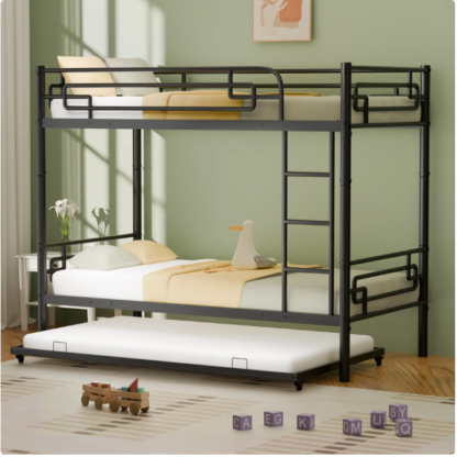 Elitezip Twin Over Twin Bunk Bed with Trundle, Convertible Into 2 Individual Beds, Metal Bunk Bed with Ladder and Safety Guardrails, Space-Saving Bunk Beds for Kids, Teens, Adults, Dorm, Noise Free