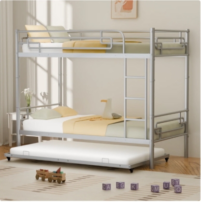 Elitezip Twin Over Twin Bunk Bed with Trundle, Convertible Into 2 Individual Beds, Metal Bunk Bed with Ladder and Safety Guardrails, Space-Saving Bunk Beds for Kids, Teens, Adults, Dorm, Noise Free