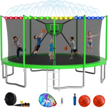 Elitezip Trampoline, 1500LBS 16FT Trampoline for Kids Adults, Trampoline with Enclosure Net, Basketball Hoop, Light, Sprinkler, Ladder, Galvanized Anti-Rust Coating Backyard Recreational Trampoline