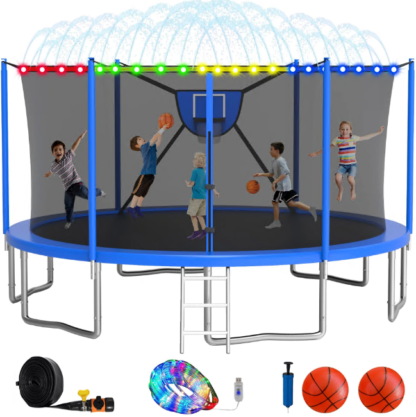 Elitezip Trampoline, 1500LBS 16FT Trampoline for Kids Adults, Trampoline with Enclosure Net, Basketball Hoop, Light, Sprinkler, Ladder, Galvanized Anti-Rust Coating Backyard Recreational Trampoline