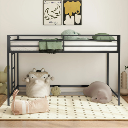 Elitezip Metal Twin Size Loft Bed Frame with Ladder and Guardrail, Space-Saving Loft Bed for Childroom, Bedroom, Twin Loft Bed for Kids, Teens, Boys, Girls, No Box Spring Needed, Black