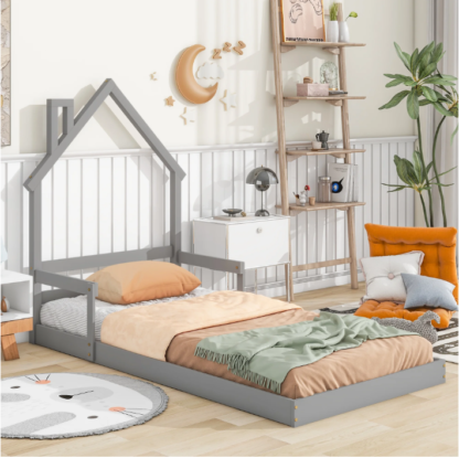 Elitezip Twin Size Floor Bed with House-Shaped Headboard, Wood House Floor Bed with Handrails, Low Floor Bed Frame with Sturdy Slats Support, Twin Floor Bed for Kids, Toddlers, Girls, Boys