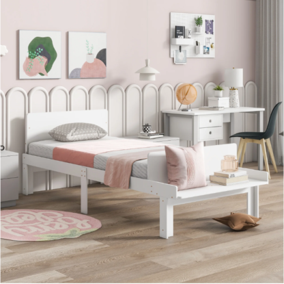 Elitezip Twin Platform Bed with Bed-End Bench, Wood Bed Frame with Headboard and Footboard Bench, Twin Bed Frame with Slats Support, Storage Bed for Kids, Teens, Boys, Girls, No Box Spring Needed