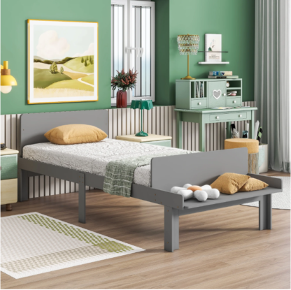 Elitezip Twin Platform Bed with Bed-End Bench, Wood Bed Frame with Headboard and Footboard Bench, Twin Bed Frame with Slats Support, Storage Bed for Kids, Teens, Boys, Girls, No Box Spring Needed