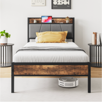 Elitezip Bed Frame Twin, Metal Platform Bed Frame with Storage Headboard and Charging Station, Twin Size Bed Frame for Kids, Teens, Adults, Noise Free, No Box Spring Needed, Easy Assembly