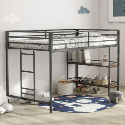Elitezip 41'' Tall Junior Metal Loft Bed with Wood Shelves, Metal Loft Bed Twin with Ladder and Full-Length Guardrails, Twin Loft Bed for Kids, Teens, Boys, Girls, No Box Spring Required, Noise Free