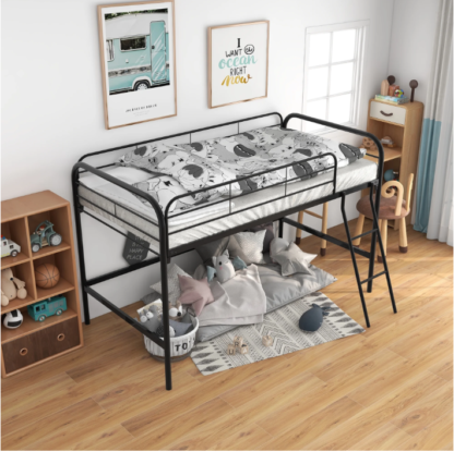 Elitezip Loft Bed, Twin Size Loft Bed with Removable Ladder and Safety Guardrails, Metal Loft Bed for Kids and Adults, Low Loft Bed Frame for Bedroom and Dorm, Noise Free, No Box Spring Needed