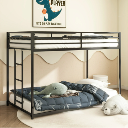 Elitezip Twin Over Twin Bunk Bed, Heavy Duty Metal Bunk Bed Frame with Built-in Ladder and Safety Guardrail, Twin Bunk Beds for Kids, Teens, Boys, Girls, Noise Free, No Box Spring Needed, Black