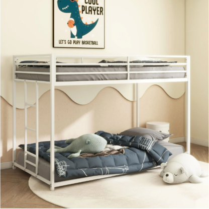 Elitezip Twin Over Twin Bunk Bed, Heavy Duty Metal Bunk Bed Frame with Built-in Ladder and Safety Guardrail, Twin Bunk Beds for Kids, Teens, Boys, Girls, Noise Free, No Box Spring Needed, White