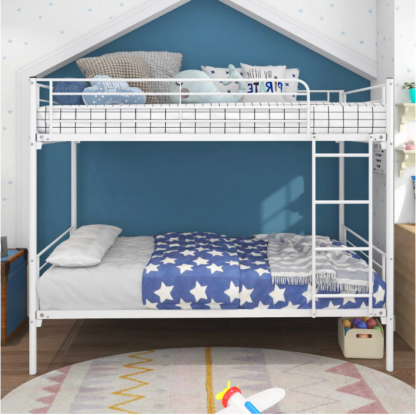 Elitezip Twin Over Twin Bunk Bed with Built-in Ladder, Heavy Duty Bunk Metal Bed Frame with Safety Guardrail and Ladder, Twin Bunk Beds for Kids, Teens, Boys, Girls, Easy Assembly, Noise Free, White