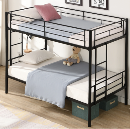 Elitezip Twin Over Twin Bunk Bed with 2 Ladders and Full-Length Guardrail, Metal Twin Bunk Bed Convertible into 2 Individual Beds for Kids, Teens, Adults, Space-Saving Bunk Bed for Bedroom, Dorm