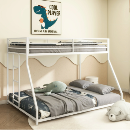 Elitezip Twin Over Full Bunk Bed, Heavy Duty Metal Bunk Bed Frame with Built-in Ladder and Safety Guardrail, Modern Bunk Beds for Kids, Teens, Boys, Girls, Noise Free, No Box Spring Needed, White