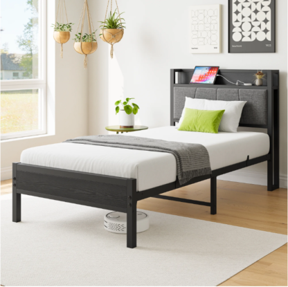 Elitezip Bed Frame Twin, Metal Platform Bed Frame with Storage Headboard and Charging Station, Twin Size Bed Frame for Kids, Teens, Adults, Noise Free, No Box Spring Needed, Easy Assembly
