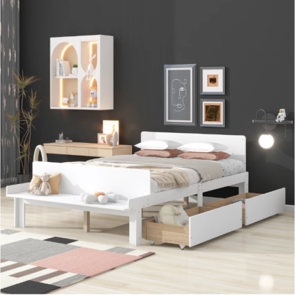 Elitezip Full Platform Bed with 2 Drawers, Wooden Bed Frame with Headboard and Footboard Bench, Full Bed Frame with Slats Support, Storage Bed for Kids, Teens, Girls, Boys, No Box Spring Needed