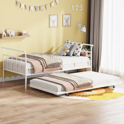 Elitezip Twin Size Daybed with Trundle, Metal Daybed Frame with Curved Handle and Legs, Full Bed Frames for Kids, Teens, Adults, Twin Size Metal Daybed for Bedroom, Guest Room, Noise Free