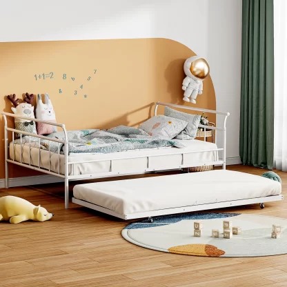 Elitezip Full Size Daybed with Trundle, Metal Daybed Frame with Curved Handle and Legs, Full Bed Frame for Kids, Teens, Adults, Full Size Metal Daybed for Bedroom, Guest Room, Noise Free