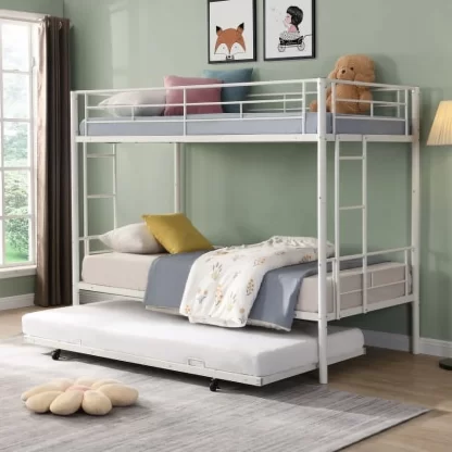 Elitezip Twin Over Twin Bunk Bed with Trundle, Metal Bunk Bed with Ladder and Full-Length Guardrail, Twin Bunk Bed for Kids, Teens, Adults, Space-saving Bed Frame for Bedroom, Dorm, Noise Free