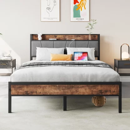 Elitezip Bed Frame Full, Metal Platform Bed Frame with Storage Headboard and Charging Station, Full Size Bed Frame for Kids, Teens, Adults, Noise Free, No Box Spring Needed, Easy Assembly