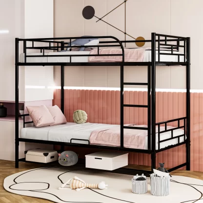 Elitezip Bunk Bed Twin Over Twin, Metal Twin Bunk Bed Frame with Ladder and Guardrails, Heavy Duty Bunk Bed for Kids, Teens, Adults, Can Be Divided into 2 Beds, Twin Bunk Beds for Dorm, Bedroom