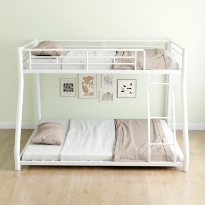 Elitezip Twin over Full Bunk Bed for Kids, Teens, Adults, Metal Low Bunk Bed Frame with Ladder and Full-Length Guardrail, Space-saving Bunk Beds for Bedroom, No Box Spring Needed, Noise Free, White
